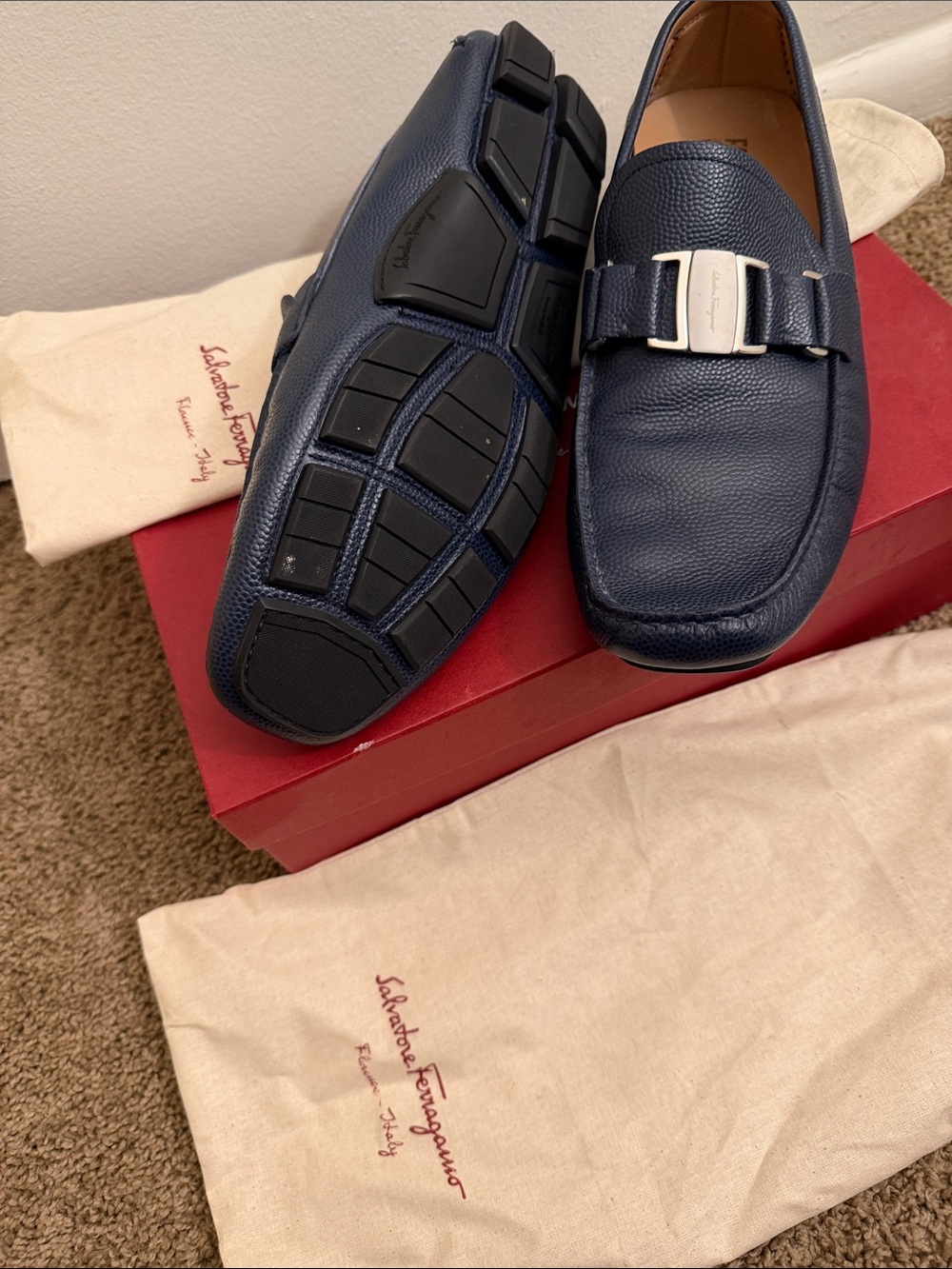 Salvatore Ferragamo Navy Pebbled Leather Gancini Bit Loafers - Picture 2 of 5